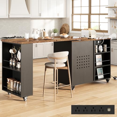 Image of HSH 71 inch Rolling Kitchen Island with Storage Seating on Wheels, Rustic Brown | Mobile Island Cart With 360 Swivel Tabletop, With Power Outlet, Storage Cabinet, Open Adjustable Shelves Fit In Microwave
