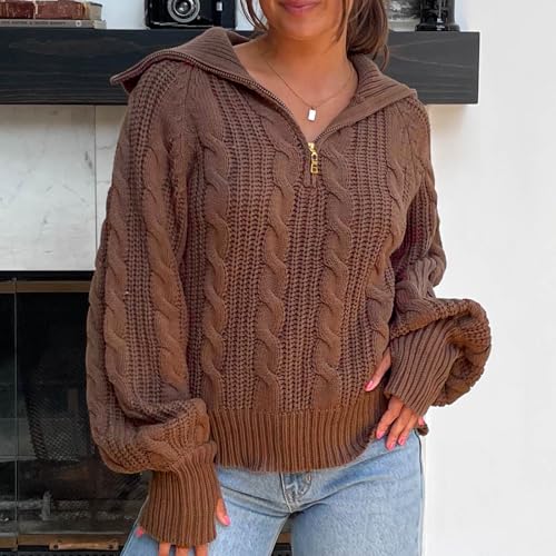 Women Fall Quarter Zip Pullover Sweaters Loose V Neck Lapel Collar Long Sleeve Jumpers Casual Cable Knit Tops2