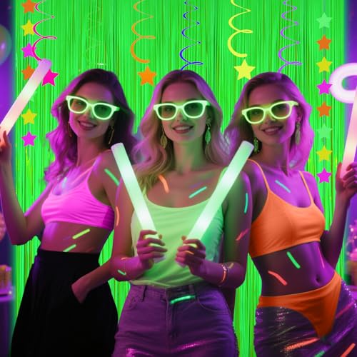 Image of Glow in The Dark Party Supplies, 4 Packs Neon Party Decorations, Macaron Green Blacklight Reactive Fluorescent Tinsel Foil Fringe Curtains, Luminous Backdrop Streamers for Birthday, Photo Booth Prop