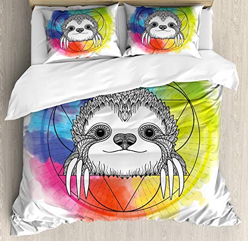 Set copripiumino umoristico, immagine di sfondo color arcobaleno con impreciso stampa di bradipo sorridente felice del fumetto, set di biancheria da letto decorativo 3 pezzi con 2 federe di cuscino, a