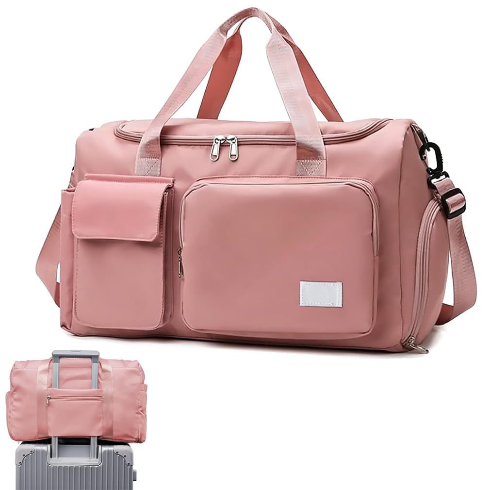 Womens Mens Sports Gym Bag Duffle Bag with Shoes Compartment, Weekend Travel Bag Overnight Bag, Water Resistant Holdall with Wet and Dry Separation Bag, Hospital Bag for Swimming-40L (Pink)