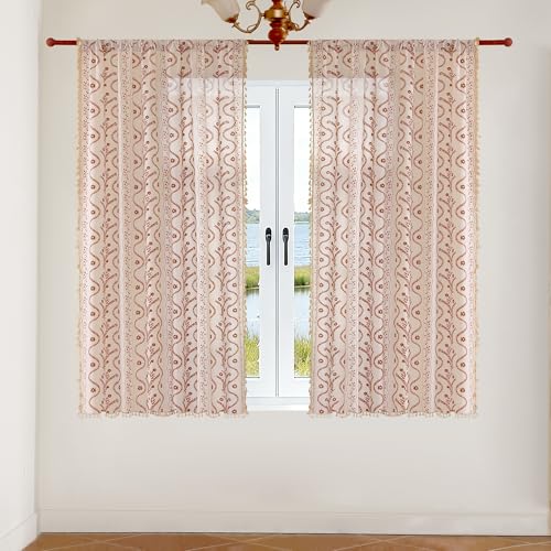 Image of Boho Curtains 2 Panels for Living Room 63 Inch Long,Vintage Floral Print Farmhouse Curtains for Bedroom,Linen Pattern Bohemian Curtain Room Darkening Window Drapes for Dining Room