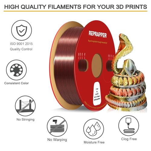 Image of Reprapper Triple Color Filament Coextrusion PLA Filament 1.75mm for 3D Printer, Multicolor Like Dual Color Silk Rainbow pla, 2.2lbs (1kg), Silk PLA Gold /Copper /Black