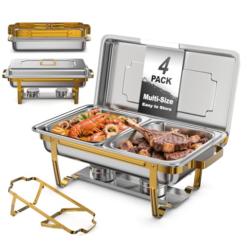 9Qt Chafing Dishes for Buffet 4 Pack [Multiple Size Food Pans] | Chafing Dish Buffet Set [Screw-Free Installation] with Stackable Design [Less Storage Space] for Wedding/Party