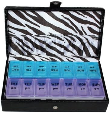 14 Day Black Croc Large Pill Box Zebra Lining Storage Organizer Weekly Vitamins Travel Pillbox