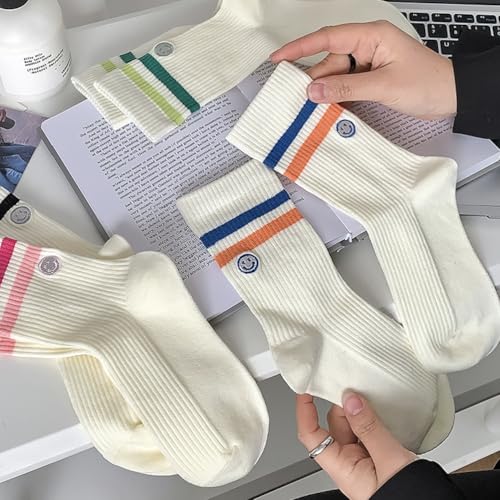 Image of Womens Solid Color Two Stripe Crew Socks Casual Athletic Smiling Face Ankle Socks for women Girls