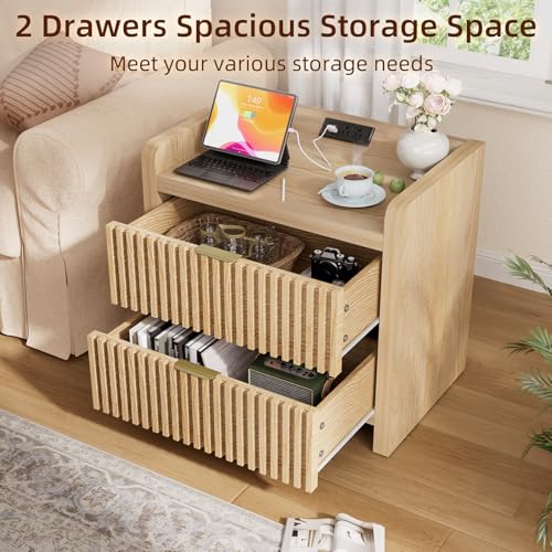 Image of BREEZEHEAT Fluted Nightstand Set of 2, Night Stands with Charging Station, Nightstand Bedside Table End Table with 2 Large Drawers, Mid Century Modern Night Stand for Bedroom, 24 inch Wide, Burly Wood
