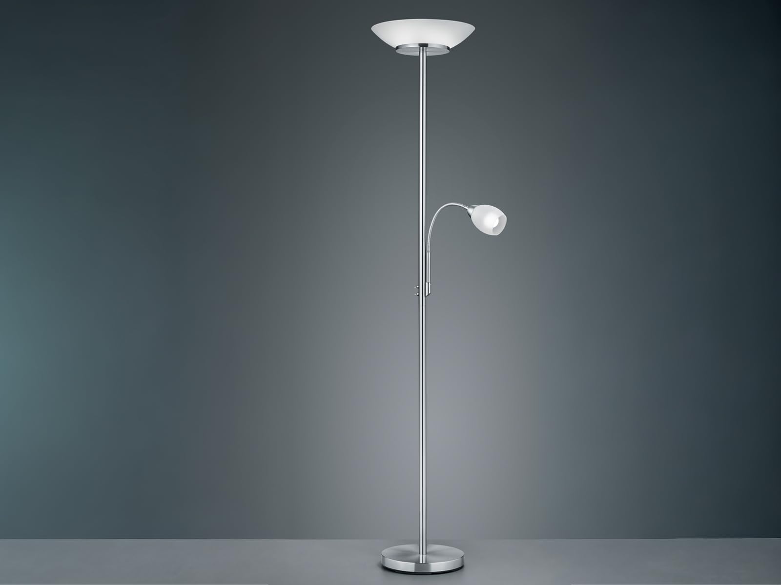 meineWunschleuchte Decken-fluter mit Leselampe & Glassschirm, Silber | Höhe 180cm, mit 2x E27 & 1x E14 LED, flex Leselicht, getrennt schaltbar, klassisches Design, Stehlampe zum Lesen