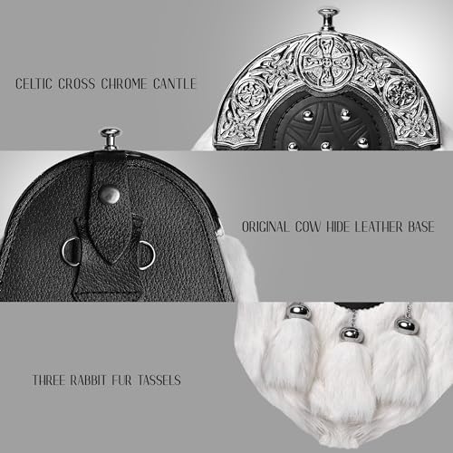 Sporran Kilt for Men Premium Fur Full Dress Scottish kilt Sporrans for men with Chain Belt Kilt Accessories (White Rabbit Chrome) - Thumbnail 6