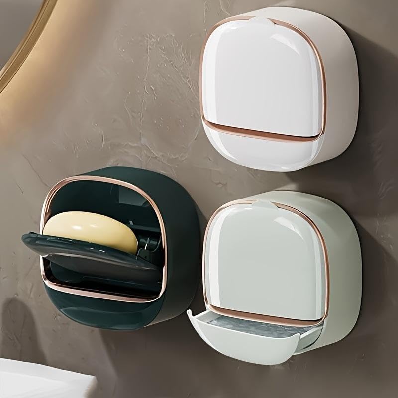 Wall Mounted Soap Holder with Lid, Self-Draining Case for Bathroom & Kitchen, No Drilling Soap Dish with Dust-Proof Cover Drainage Box, Soap Draining Rack, Adhesive Wall Installation Soap Case-image-28