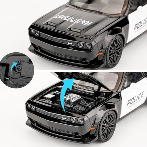 Image of Exclusive Alloy Metal Pull Back Die-Cast Car Diecast Metal Pullback Toy Car with Openable 6 Doors,Light Music Boys Gifts Toys (F & F 7 Dodge Challenger Police - Black)