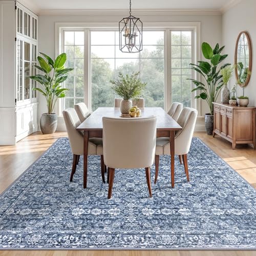 Blue 9x12 Area Rug, Vintage Floral Large Washable Rug for Living Room Non-Slip Ultra Soft Bedroom Rugs Tribal Traditional Farmhouse Carpet for Dining Room Office Home Décor