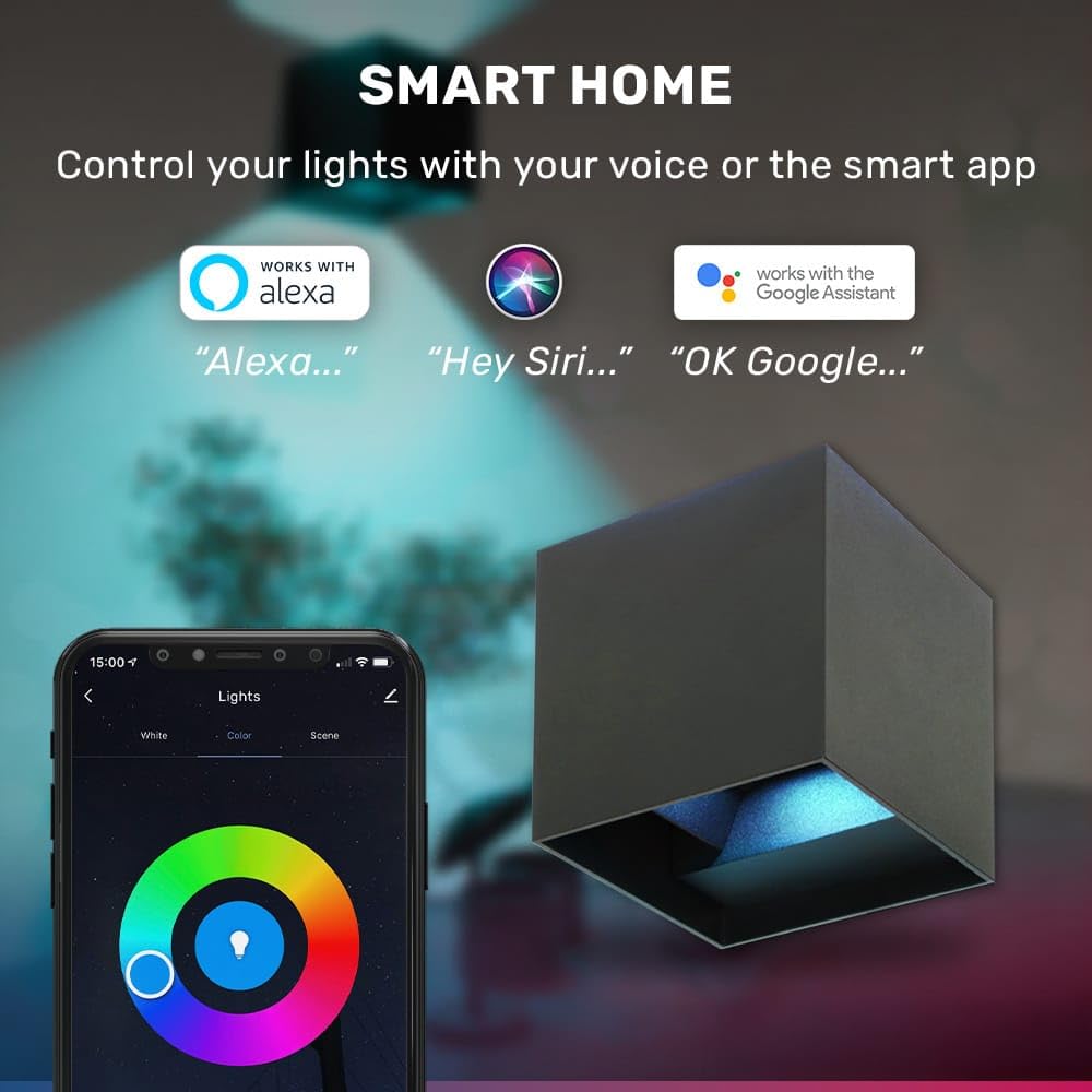 HOFTRONIC - Kansas Smart Wandleuchte mit WiFi und Bluetooth - dimmbar - Würfel - 6W - RGBWW - Up & Down - Schwarz - WLAN