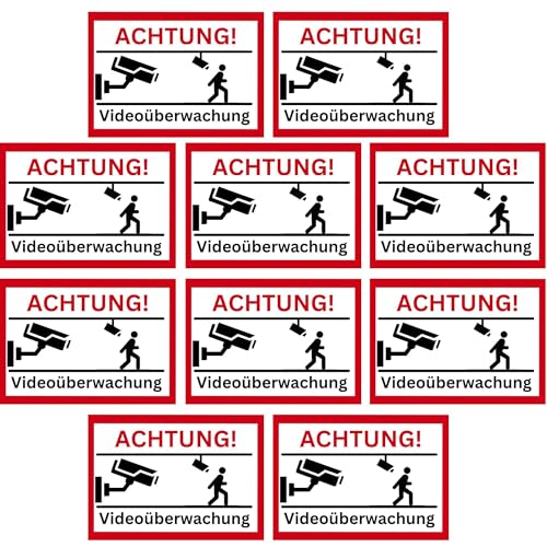 Olanmarp Lot de 10 autocollants de vidéosurveillance de qualité supérieure - Protection efficace contre le cambriolage grâce aux couleurs de signal accrocheuses - Résistants aux intempéries, aux UV et