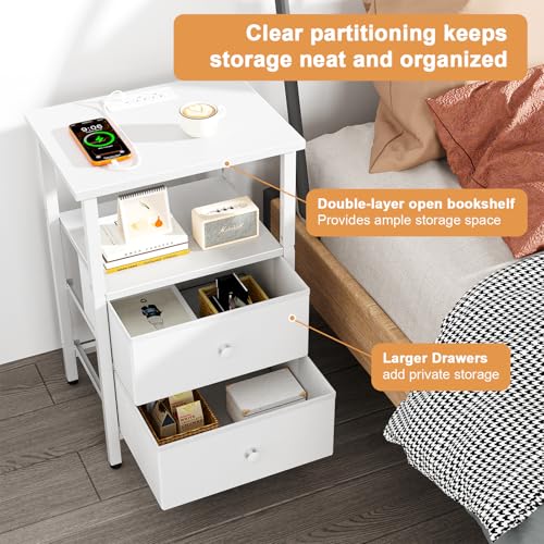 Image of Nightstand with Charging Station, Bedside End Table with 2 Fabric Drawers for Bedroom, Side Table with USB Ports and Outlets (White)