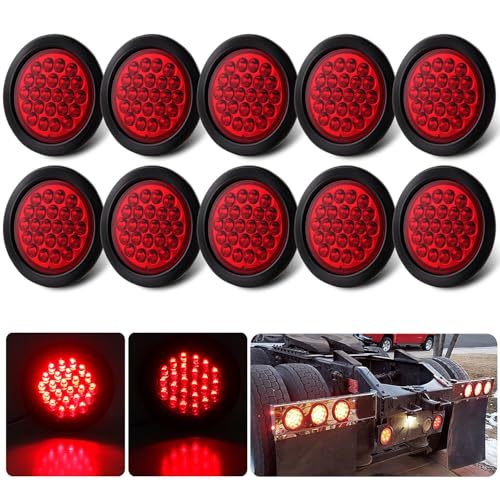 10Pcs 4 Inch Round Red LED Trailer Tail Lights 24 LED 4 Round LED Stop Turn Tail Lights Trailer Brake Lights Waterproof Flush Mount w/Grommets 3-Prong Wire Pigtails for Trucks RV UTE UTV 12V