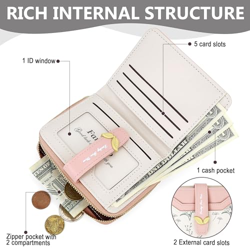 Image of Farcauo Cute Pink Flower Wallet for Women Small Kawaii Coin Purse with ID Window Compact Lightweight and Stylish Design Cash Wallet for Ladies