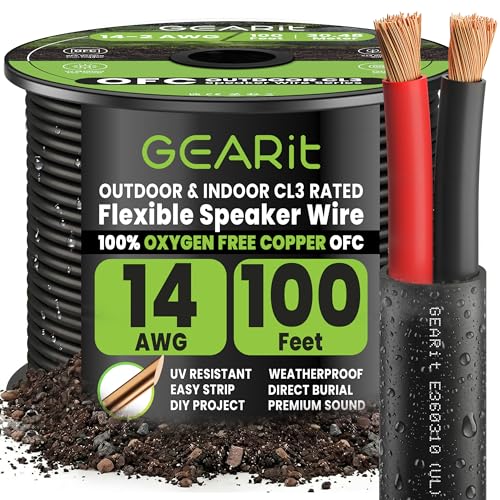GEARit Speaker Wire 14 Gauge 100 ft, UL CL3 Rated 14 Gauge Wire Copper Wire with Polarity Mark,...