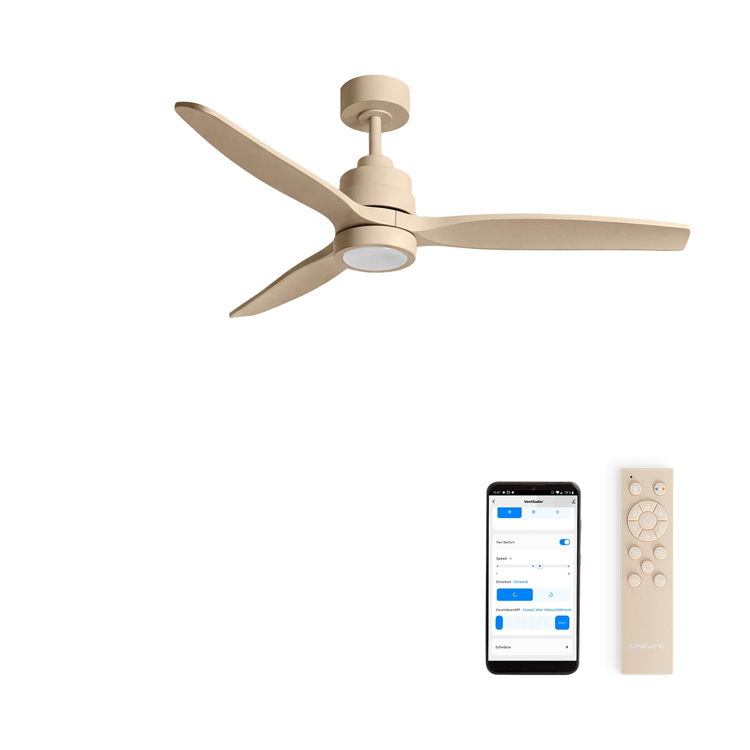 CREATE / WINDSTYLANCE M/Ventilador de techo ABS con luz arena con Wifi y mando / 40W, Silencioso, Ø132 cm, 6 velocidades, temporizador, verano-invierno, doble altura