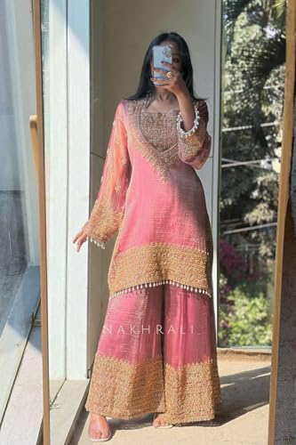 Image of PERFECT CHOICE WOMEN'S Heavy Natural Crep Silk Stitched Ethnic Salwar Kameez - Long Kurti with Embroidered Sleeves, Party & Festival Wear (SF251-ve115 Black1 XXL)