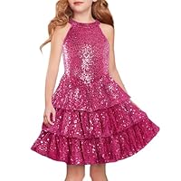 Girls Party Special Occasion Birthday Fancy Dress Size 5-6 Kids Formal Hot Pink Halter Neck Layer Dance Sequin Dresses