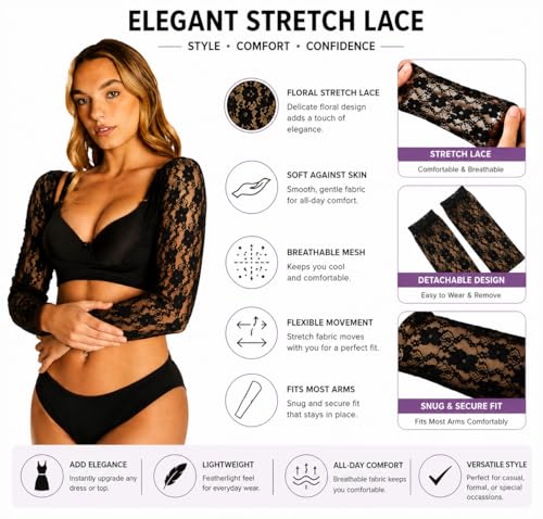 Image of ENVY BODY SHOP Women's Lace Sleecrets Detachable Sleeves  Add Stretch Lace Arms to Any Dress or Top, Comfortable Arm Coverage
