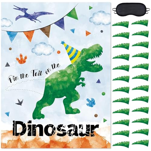 Image of WERNNSAI Pin the Tail on the Dinosaur Party Games for Kids Boys | T-Rex Dinosaur Birthday Decorations,Dino Party Games Room Wall Decor,28 inch x 21 inch Poster with 24 Stickers and Blindfold