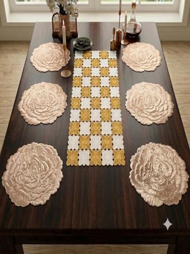 Image of Dakshya Industries PVC Waterproof Round Table Placemat & Table Runner Combo Set | 6 Round Table Mats (38 x 38 cm) + 1 Table Runner | Heat Resistant, Washable, Non Slip Dining Table Decor (Hexalon)