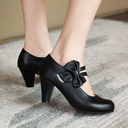 LUXMAX Women Two Strap Pumps High Block Heel Mary Jane with Bow Tie4