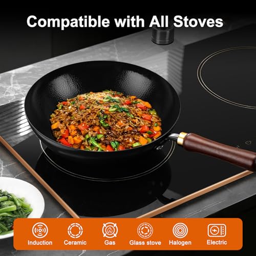 Image of Carbon Steel Wok Pan, 12.6-Inch Nonstick Pre-Seasoned Woks & Stir-Fry Pans with Glass Lid, No Chemical Coated Wok Round Bottom Hand Hammered Chinese Wok for Gas Stoves