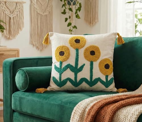 Image of Furnistitchs Handmade Cotton Bohemian Home Decor Cushion Cover 24x24 inches / 60x60 cms - Boho Chic Couch Sofa Throw Living Room Bedroom Cushions (1, Cream Tree)