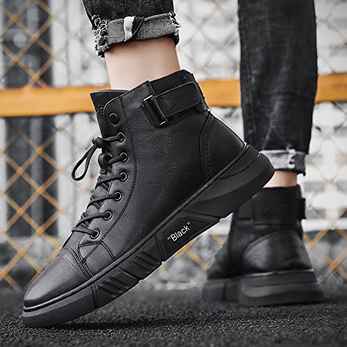 Recyphi High-Top Casual Leather Boots for Mens Handmade Shoes All Black Round Toe Waterproof Business Boots4
