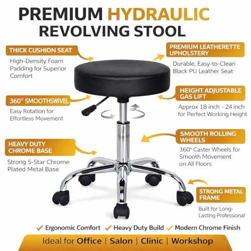 Image of NGFC Leather Doctor Stools with Adjustable Height & Wheels - Comfortable Medical, Salon, Warehouse, Garage, and Home - Versatile Black Sitting Stool for Professional Use - Pack of 1