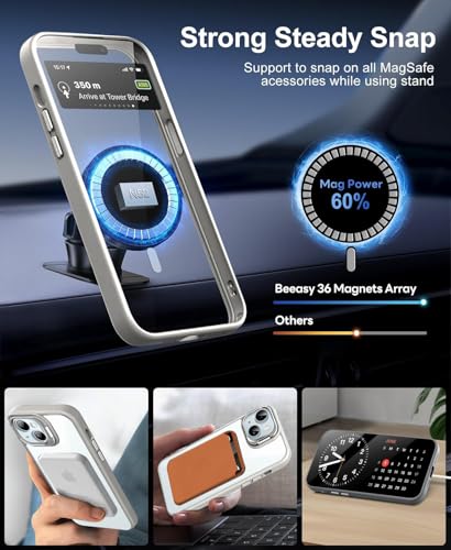 Image of VONZEE Clear Camera Kickstand Case for iPhone 15 Plus, Built-in Adjustable Camera Stand, Clear Magnetic Mag-Safe Shockproof Classic Series Phone Cover (Grey)
