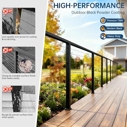 Image of 42 inch Swageless Black Cable Railing Post, T304 Stainless Steel Level Drilled Line Post for Deck Railing System, Upgraded Black Powder Coated Wire Metal Deck Post for Indoor Outdoor Porch Balcony