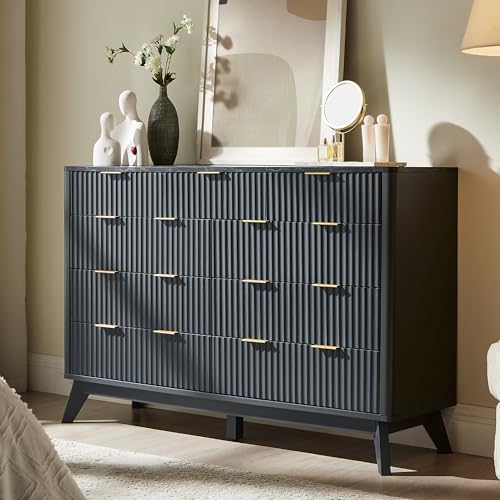 Image of T4TREAM Fluted 9 Drawers Dresser, 54 inch Wide Modern Chest of Drawers with Faux Marble Top, Curved Profile Design, Dresser TV Stand, Wood Drawer Organizer for Bedroom, Living Room, Hallway, Dark Grey