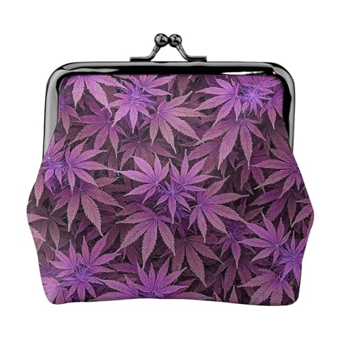 Pu Leather Buckle Coin Purse Purple Nature Leaf Pattern Girls Kiss-Lock Change Purse Wallets