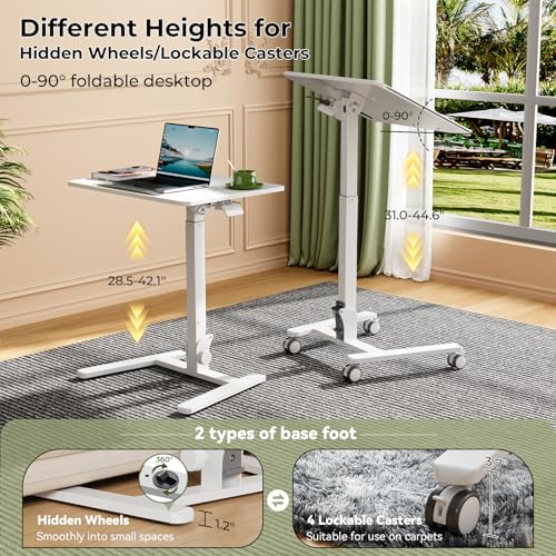 Image of Gibbon Mounts Foldable Standing Desk,Small Mobile Sit-Stand Desk with 90 Tiltable Top,Rolling Rising Laptop Workstation Adjustable Height,Portable Table on Hidden Wheels /4 Lockable Casters,White