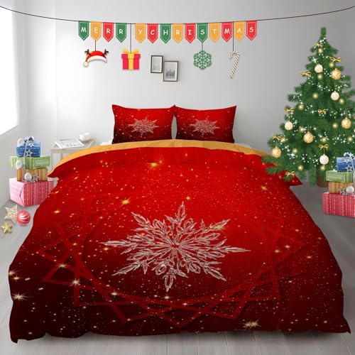 布団カバー クイーン クリスマス|マイクロファイバー 掛け布団カバー 210x210 +枕カバー 2枚 3点セット|吸汗速乾・防静電気・洗濯耐久|肌ざわり最高 雪の結晶 なプリントデザイン PH65