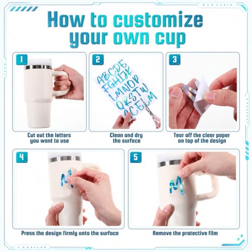 Image of 6 Sheets UV DTF Cup Wrap Letter Stickers Vinyl Decals, Light Blue