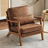 Karl home Accent Chair Wide Armrest Mid-Century Lounge Chair Bronzing Cloth Armchair with Lumbar Pillow & Solid Wood Frame for Living Room, Bedroom, Balcony, Brown