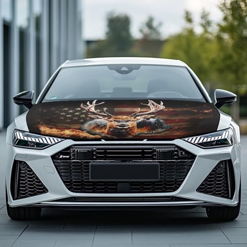 Image of Fire Elk American Flag Car Hood Cover Slip-On Washable Elastic Weatherproof Fabric Elastic Band Fixation Fits Most Cars