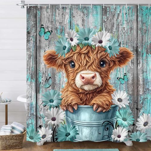 Funny Highland Cow Shower Curtain for Bathroom Decor Teal Farm Teal Daisy Floral Flowers and Butterfly on Country Wooden Farmhouse Bath Curtain Country Animal Flower Waterproof 12 Hooks 70X70in