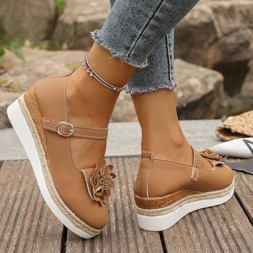 Wedge Mary Jane for Women Dressy Espadrilles Platform Loafers Comfortable Round Toe Buckle Ankle Strap Heeled Shoes Slip-on Light Weight Walking Shoes Fashion Dress Shoes Leather Pumps4