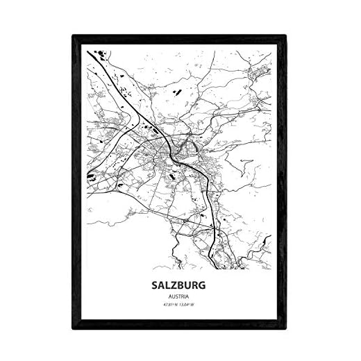 Nacnic Affisch med karta över Salzburg - Österrike. Lakan städer i Europa med hav och floder i svart färg. A3-storlek