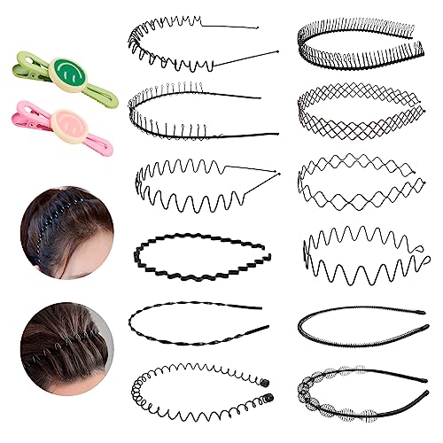 12 Stück Metall Haarband, Welle Metall Stirnband Mit 2 Lächel-Haarspange, Haarbänder für Männer Frauen, Schwarz Rutschfestes Elastisches Haarreifen für Outdoor Sports Yoga Partys Konzerte