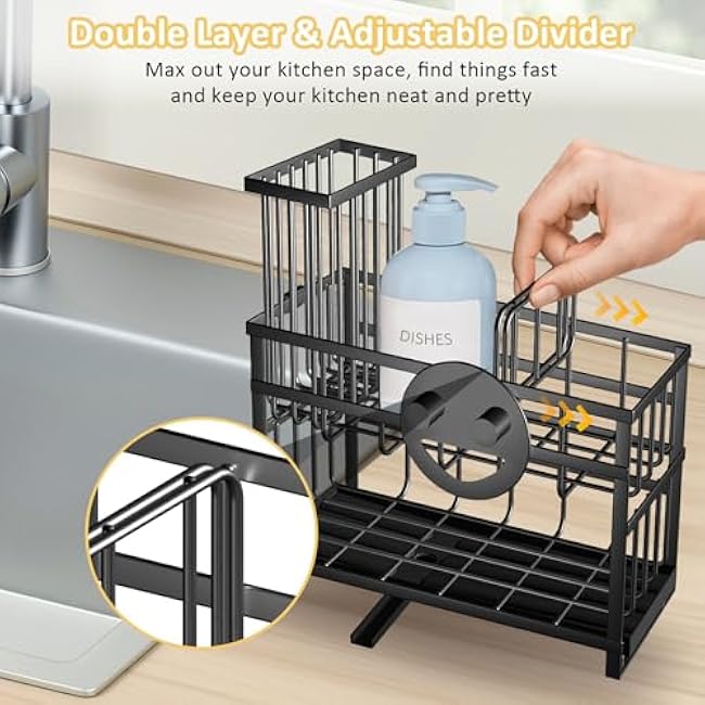 Sponge Holder for Kitchen Sink & Sink Caddy - 2-Tier Stainless Steel Organizer with Automatic Drainage, Rustproof Storage for Dish Brush, Soap Dispenser & Countertop Essentials