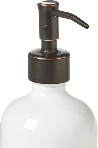Miniatura 2 de Industrial Rewind - Dispensador de jabón blanco con bomba de metal de bronce aceitado, botella de vidrio de 16 onzas para jabón líquido, loción o