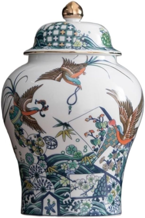 Food Storage Jar,Decorative Jar Ginger Jar Vase Decor Ceramic Ginger Jar with Lid Traditional Chinese Decorative Flower Bird Porcelain Jars Temple Jar with Lids Ginger Jars,a-12.6 * 19Cm