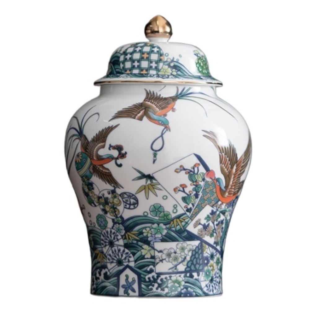 Ginger Jar Ceramic Ginger Jar With Lid Traditional Chinese Decorative Flower Bird Porcelain Jars Temple With Lids Decorative Storage(17.5 * 28.5cm)